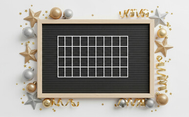 Blank Mockup Letterboard With Empty Space Surrounded By Glitter Ornaments, New Year Party Decor