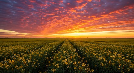 Beautiful capture of a scenic landscape of a canola field against the backdrop of a vibrant sunset sky