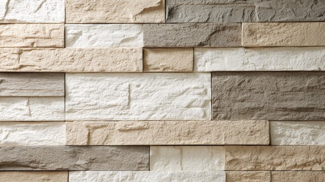 Modern Stone Wall Cladding Texture with Neutral Colors and Horizontal Brick Pattern Background