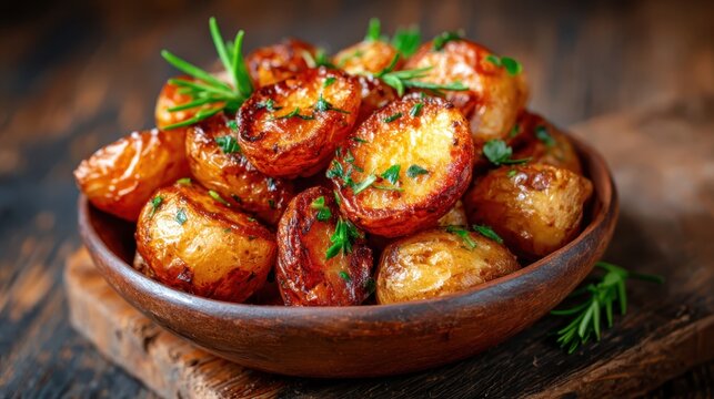 A rustic presentation of roasted golden potatoes garnished with herbs invites you to savor their crunchy texture and rich flavors, celebrating home-cooked comfort food.