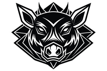Bold black and white boar head is centered inside geometric shape