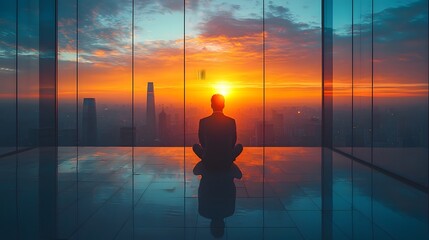 Businessman silhouetted against a vibrant sunrise cityscape