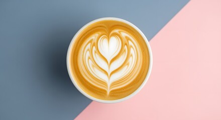 Latte Art Cup with Heart Design on Pink and Gray Geometric Background