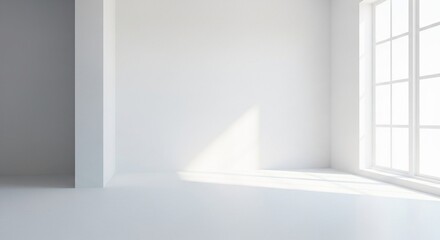 Bright, sunlit, and minimalist interior room with large windows showcases a clean and modern aesthetic, perfect for use in architectural visualization and home design projects for creating a sense of 