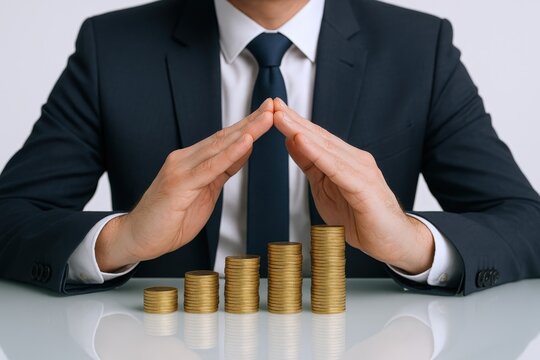 Business professional protecting stack of coins, investment security, financial growth and stability concept on a reflective surface