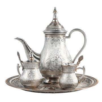 Ornate silver moroccan coffee pot set with tray and spoons isolated on transparent background