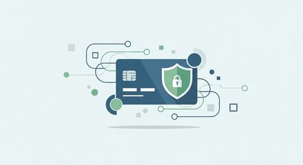 Digital credit card with shield and padlock icon symbolizing secure online payments, financial data protection, and secure transactions.