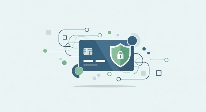 Digital credit card with shield and padlock icon symbolizing secure online payments, financial data protection, and secure transactions.