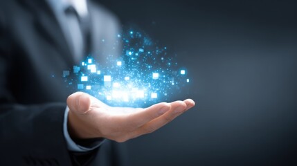 Hand holding digital data cloud: Business professional displaying futuristic technology and innovation concept