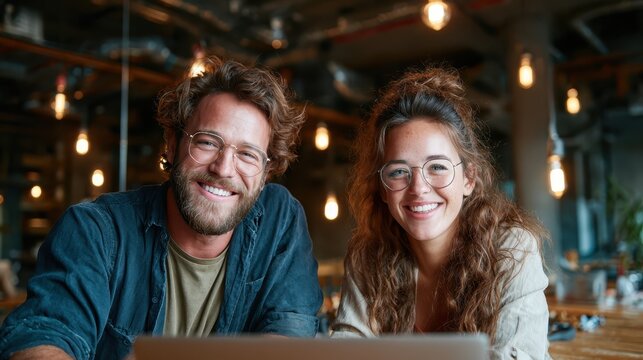 A joyful couple sitting together in a stylish coffee shop, smiling brightly at the camera, showcasing happiness and intimate friendship amidst a cozy atmosphere.