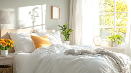 Fototapeta premium A cozy and tranquil bedroom setting with plush white and gray bedding bright natural light streaming through the window and lush greenery adding a calming touch