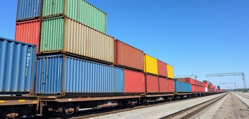 Fototapeta premium Steel shipping containers stacked high on railway flatcars, heavy transport, rail transport