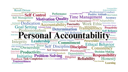 Personal Accountability Word Cloud. Keywords About Integrity, Responsibility, And Commitment