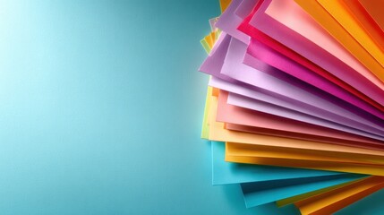 A vibrant array of pastel and bright colored sheets of paper fanned out against a soft blue background, showcasing creativity and versatility in various craft applications.