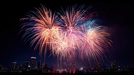 Vibrant Fireworks Display over City Skyline at Night, Celebrating Festivities and New Year's Eve