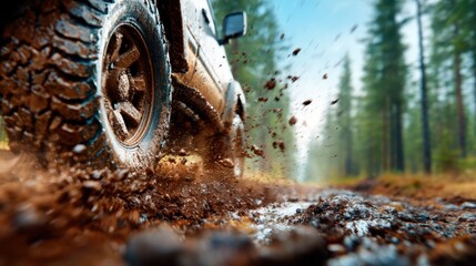 A dynamic image of a rugged SUV kicking up mud as it traverses a forested path, capturing the spirit of adventure and the thrill of off-road exploration.
