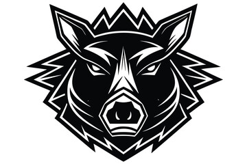 Black and white wild boar head shows sharp teeth and geometric background