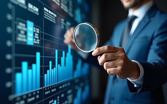 Businessman performing financial audit with magnifying glass on digital dashboard using virtual interface, showcasing data analysis, compliance, and corporate risk management. High quality