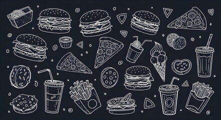 fast food illustration with burgers pizza fries ice cream and drinks in cartoon doodle style on dark background with bold cheerful title and vibrant design perfect for creative food projects