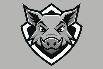 A fierce boar head with tusks shows prominently against a shield background design