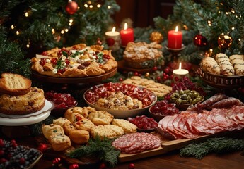 Festive Holiday Buffet with Assorted Treats and Decorations for Christmas Celebration and Family Gatherings