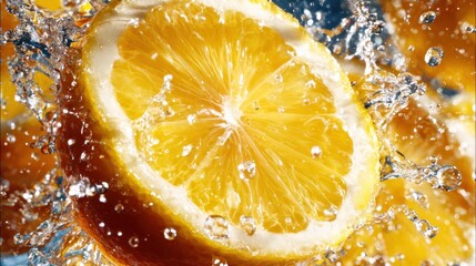 A close-up view of a vibrant orange slice as it splashes through cool water, capturing the freshness and energy of citrus fruits in a dynamic, refreshing scene.