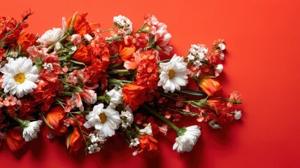 An exquisite array of vibrant flowers including daisies and tulips set against a bold red background, celebrating nature's beauty and colorful variety in floral design.