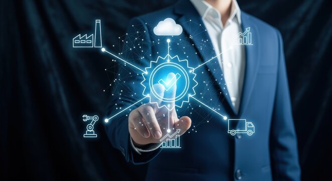 Smart Industry Technology Solutions: Businessman Touching Virtual Interface Representing Innovative Manufacturing Processes and Digital Transformation