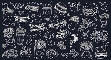 fast food illustration with burgers pizza fries ice cream and drinks in cartoon doodle style on dark background with bold cheerful title and vibrant design perfect for creative food projects