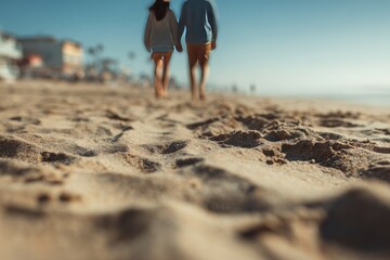 Low level shot of a man and a woman couple walking on the sand by the beach.