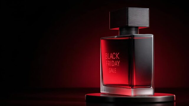 Promotional display of perfume bottle highlighting Black Friday sale under dramatic lighting