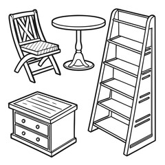 Furniture set with chair, table, shelf and nightstand isolated on white background