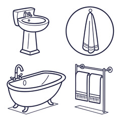 Bathroom fixtures including a bathtub, sink, and towels isolated on white background