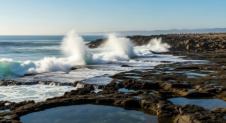 Crashing Waves on Rocky Coastline with Distant Mountains and Seabirds