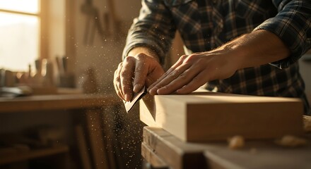Close-up of a carpenter's hands sanding a wooden block in a workshop, with sawdust particles floating in the air.