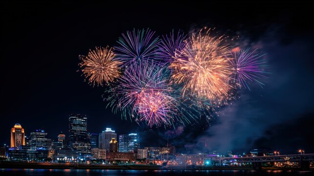Festive Fireworks Display Over City Skyline at Night, Celebrating Special Occasions and City Events - Powered by Adobe