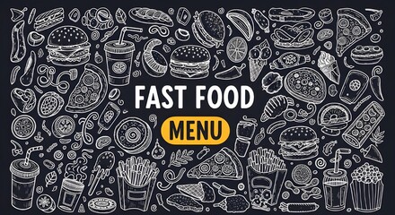 fast food illustration with burgers pizza fries ice cream and drinks in cartoon doodle style on dark background with bold cheerful title and vibrant design perfect for creative food projects