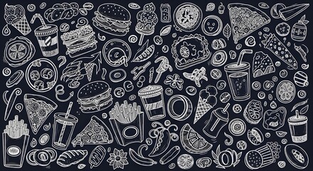 fast food illustration with burgers pizza fries ice cream and drinks in cartoon doodle style on dark background with bold cheerful title and vibrant design perfect for creative food projects