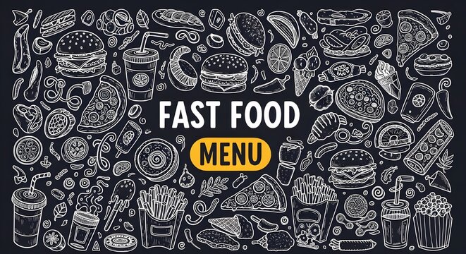 fast food illustration with burgers pizza fries ice cream and drinks in cartoon doodle style on dark background with bold cheerful title and vibrant design perfect for creative food projects