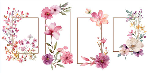 Obraz premium Watercolor floral arrangements with frame edges on white create elegant, minimal branding templates, perfect for wedding invitations, posters, and social media.