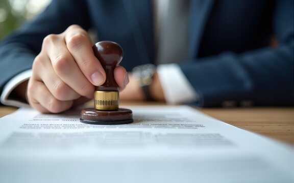 Man stamping approval on financial, banking, or investment documents at his desk official paperwork. rubber stamp with contract law and business documentation for legal agreements financial.