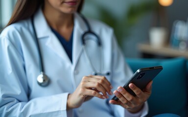 Doctor using smartphone ai chatbot medical online services virtual assistant. health app, mobile health, smart consultation, telemedicine platform healthcare technology. High quality