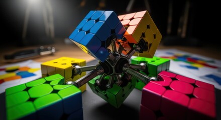 Anatomy of a Puzzle: Vibrant Cubes Orbiting a Complex Mechanical Core.