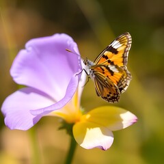 Obraz premium A vibrant butterfly rests on a delicate purple and yellow flower.