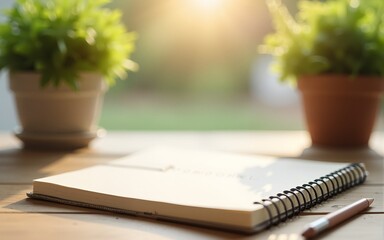 Off White Notebook on Wooden Desk with Potted Plants and Sunlight. High quality