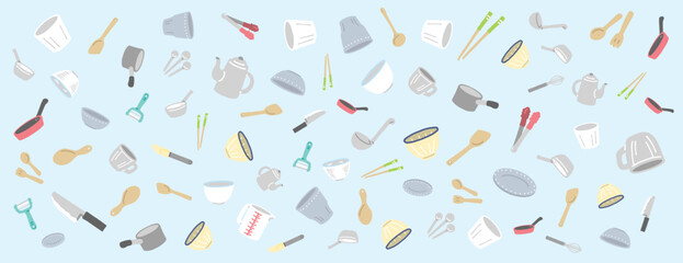 手書きのカラフルなキッチン用品と調理器具のパターン背景イラスト