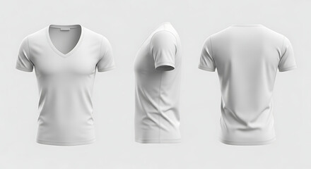 Men's white v-neck t-shirt mockup with front, side, and back views. Blank apparel template for design presentation.