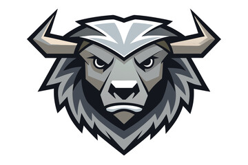 Angry stylized bull head stares menacingly forward with its sharp, pointed horns and spiky fur