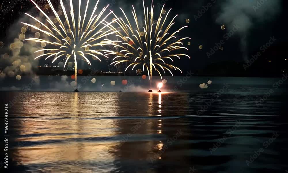 Aufkleber fireworks reflected in water with bokeh lights in the background on a dark night scene display
