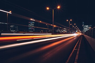 Streaking lights on wet city road at night streaks